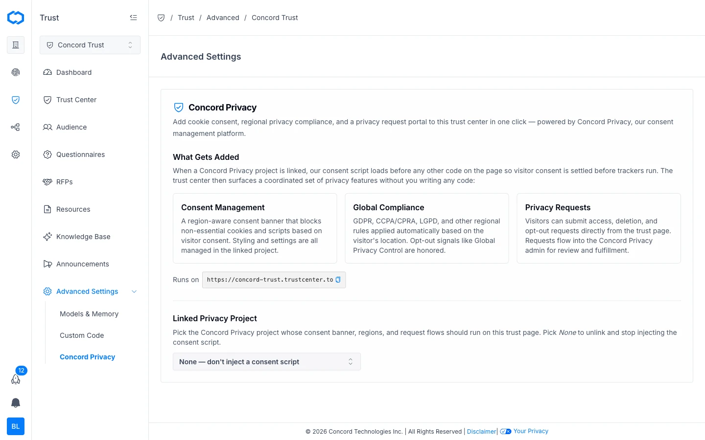 Advanced Settings: Concord Privacy integration