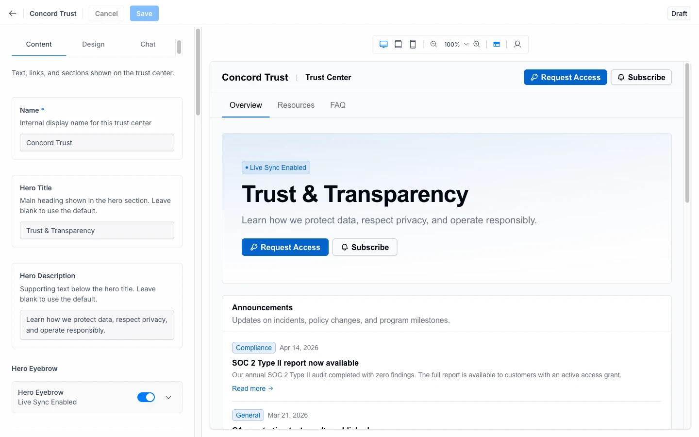 Trust Center Editor: Content tab