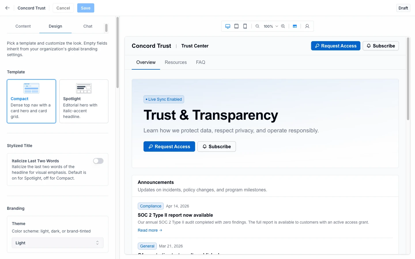 Trust Center Editor: Design tab